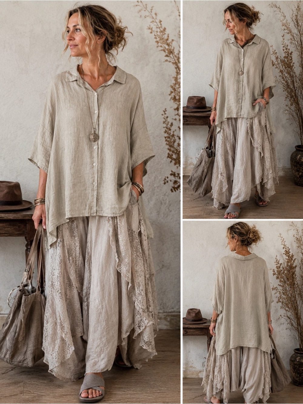 Miss Rose Sister Violet Teddy Linen Oversized Tunic Shirt Tan Lagenlook OS NWT